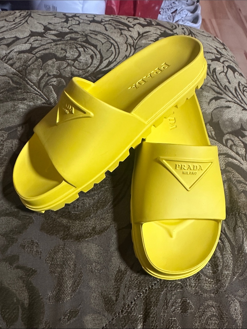 Prada Bright Yellow Rubber Logo Slide Sandals